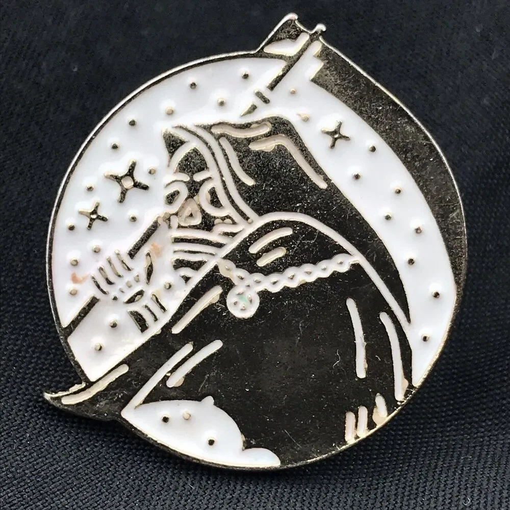 Grim Reaper Crystal Ball Stars Black White Silver Wiccan Enamel Pin Brooch